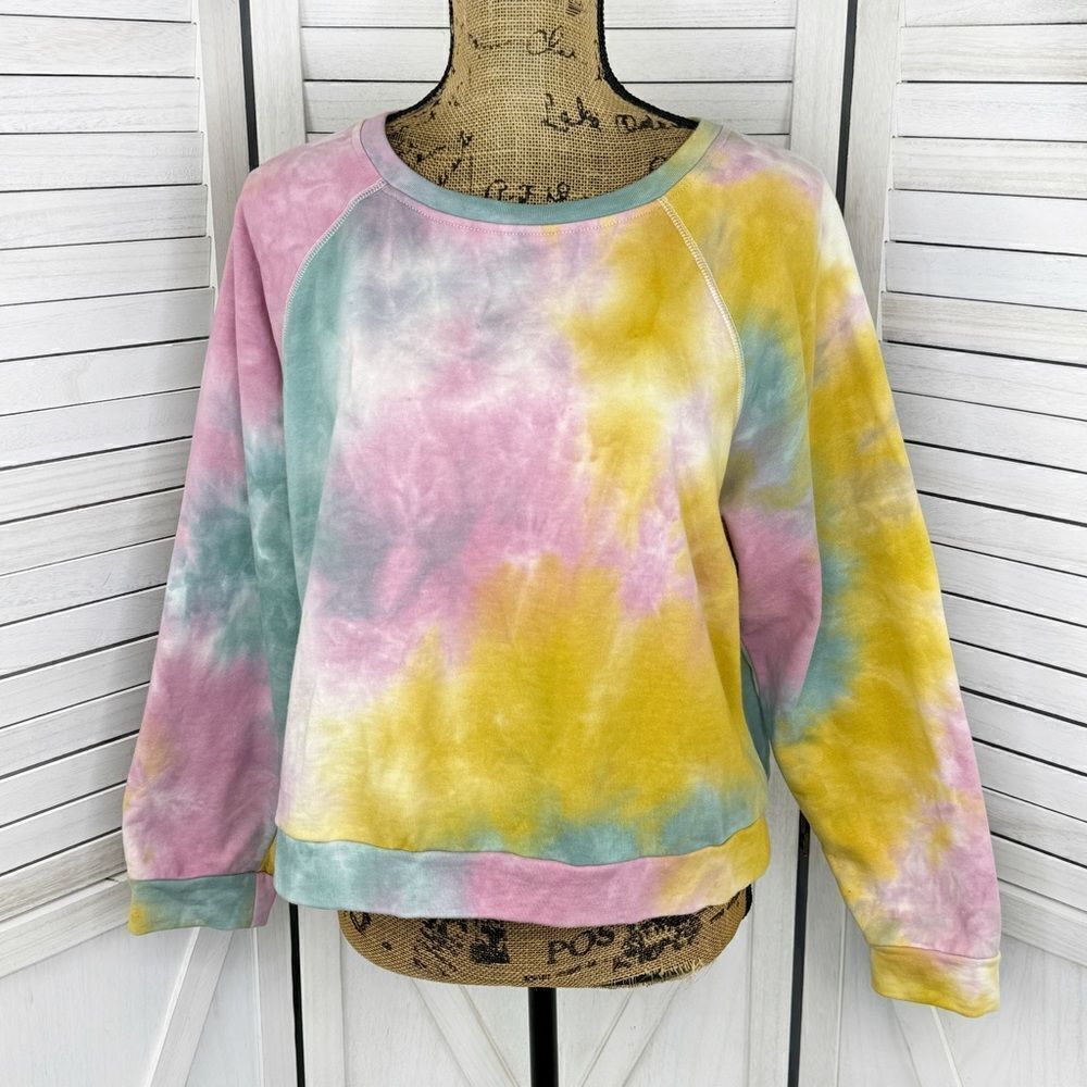 Paper Crane Tie Dye Cropped Sweatshirt Pink Yellow‎ Teal Large Boho Hippie